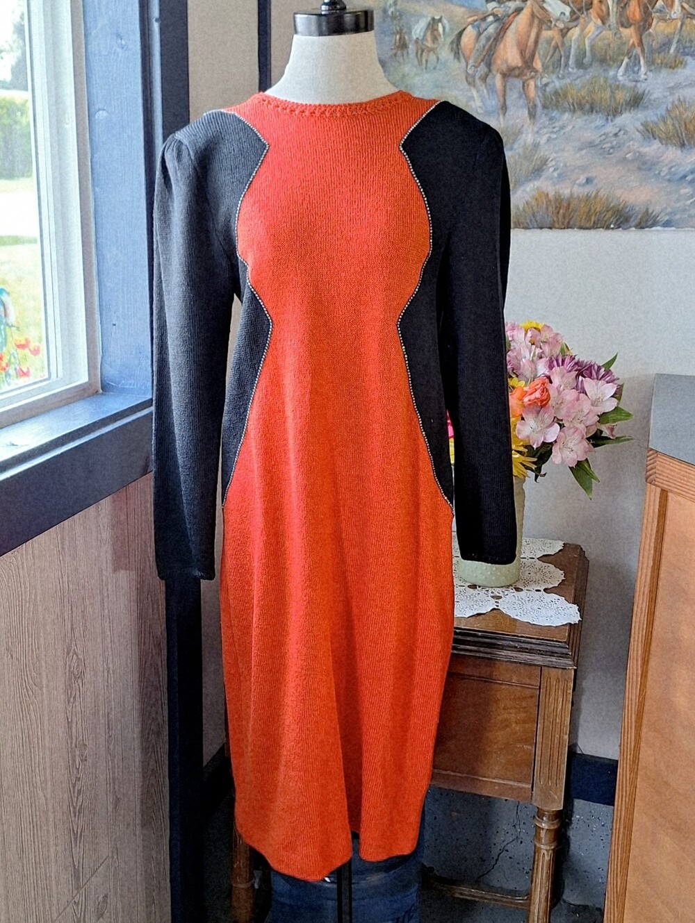 Jessica Knits 1980s Color Block Body Con Knit Wool Blend Bedazzled Dress, 14?